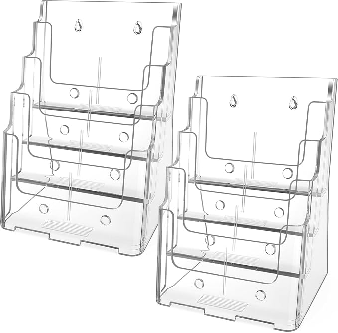 MaxGear 4 Tier Brochure Holder, 8.5 x 11, Removable Divider, 2 Pack | Clear Acrylic Material, Fits 8.5 x 11 Literature or 4 x 9 Brochures, Wall Mount or Countertop, Non Slip Slot, Polished Edges