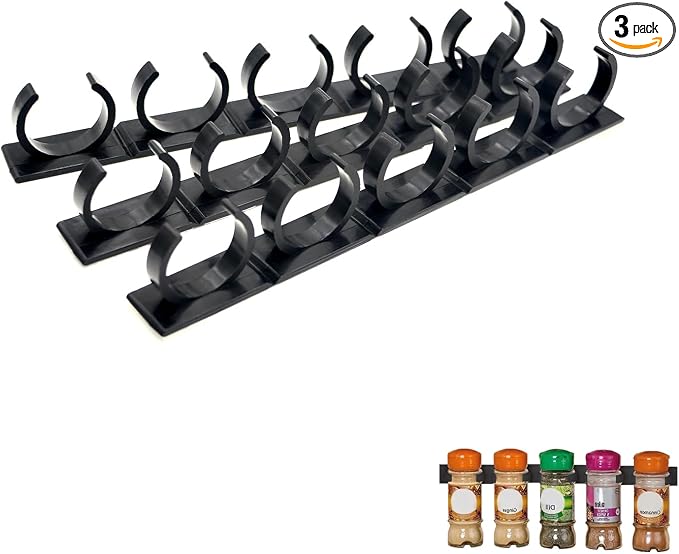 Adhesive Spice Clips 3-Pack, Heavy-Duty Spice Organizer for Cabinet Doors, Pantry & RV, Space-Saving Kitchen Storage with Tape, Holds 15 Jars (Black)
