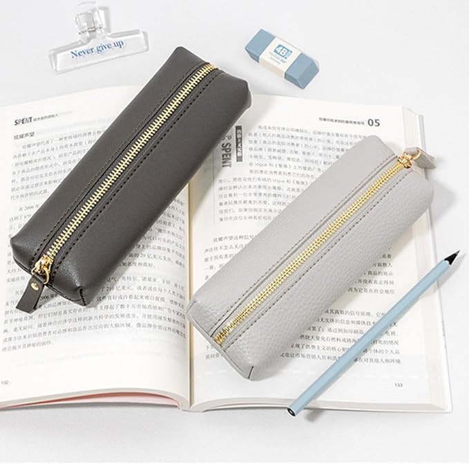 PU Pencil Pen Case Portable Stationery Bag Big Capacity Pencil Pouch Cosmetic Organizer Bag for School Office Woman Man (Gray)