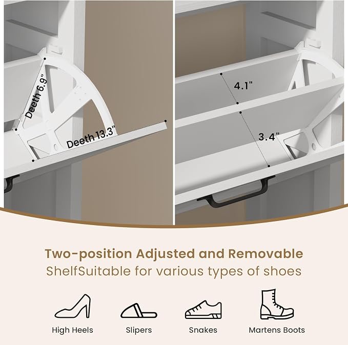 Shoe Cabinet with 2 Flip Drawers, Farmhouse Narrow Shoe Cabinet Organizer with Double-Layer Top, Freestanding entryway organizer with adjustable shelves and hooks, for, Foyer, Hallway, White