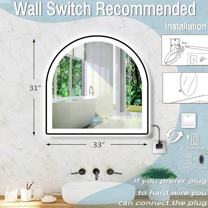 THEKLA 33 x 31 Inch Black Arch Vanity Mirror with Lights Black Frame Light up LED Arch Mirror for Bathroom Wall Tabletop Makeup Arched Lighted Mirror 33"x31"Smart Memory 3 Color Dimmable AntiFog