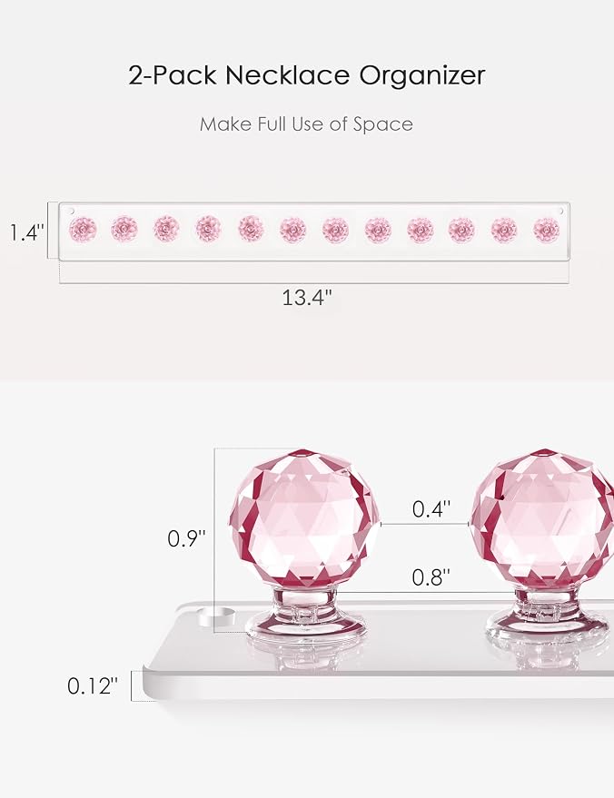 Heesch Necklace Holder, Wall Necklace Hanger, Acrylic Jewelry Organizer | Wall Mount Jewelry Hooks for Necklaces, Bracelets & Chains, Hanging Organizer and Storage, 2-Pack Pink
