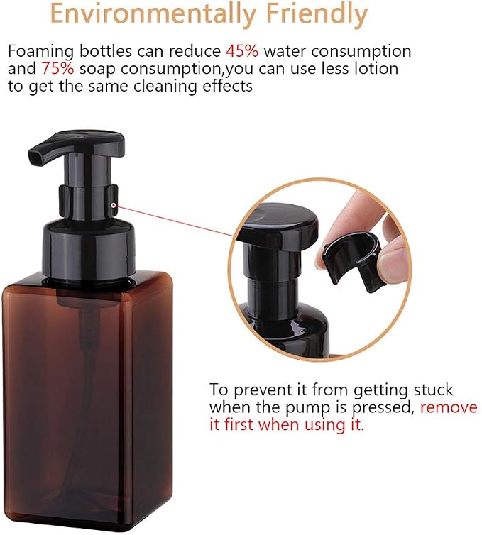 UUJOLY Foaming Soap Dispenser, 450ml (15oz) Refillable Pump Bottle Plastic for Liquid Soap, Shampoo, Body Wash (2 Pcs) (Amber)