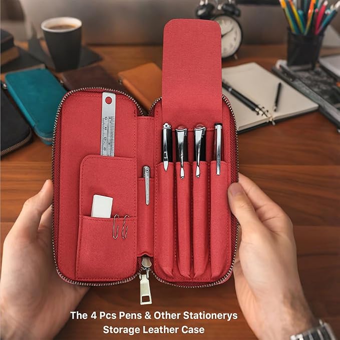 CONTACTS Full Grain Leather Pencil Case for Women Handmade Vintage Zipper Pen Holder Pouch with Card Slot Pens Organizer Pockets Stationery Bag (Red)