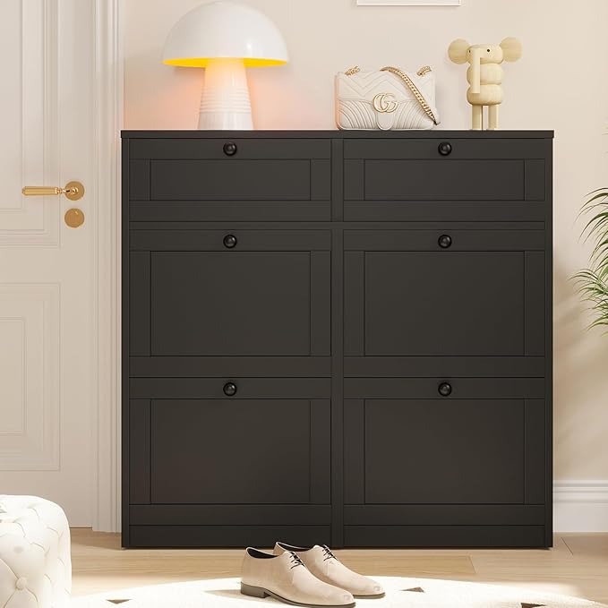 VOWNER Shoe Cabinet with 4 Flip Drawers & 2 Drawers, Freestanding Shoe Storage Cabinet with Adjustable Shelves, Shoe Organizer for Entryway, Hallway, Living Room (Black)