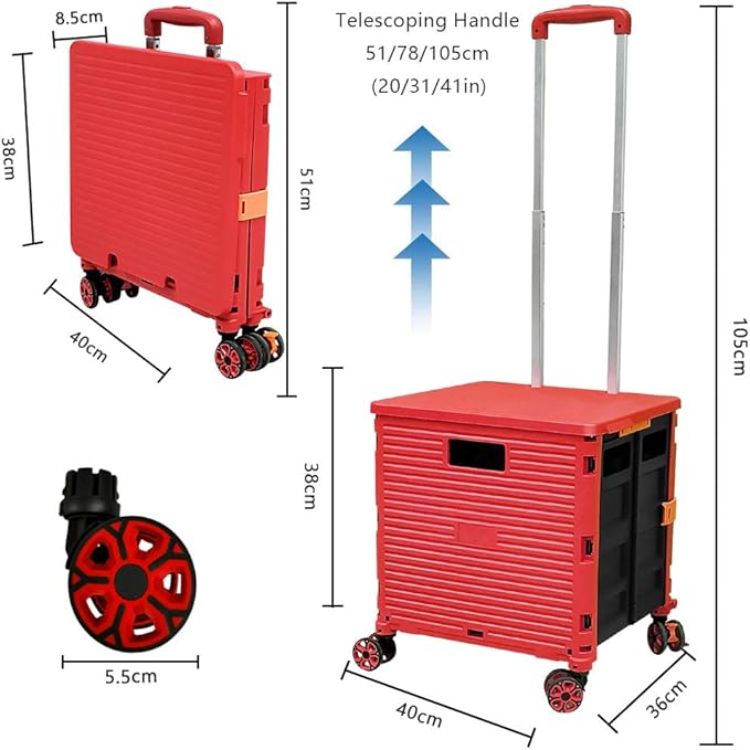 FELICON SELORSS Foldable Utility Cart Folding Portable Rolling Crate Handcart with Durable Heavy Duty Plastic Telescoping Handle Collapsible 4 Rotate Wheels for Travel Shop Move Luggage Office (Red)