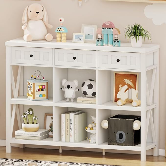 FATORRI 6 Cube Storage Organizer Bookshelf with 3 Drawers, 47 Inch Long Horizontal Bookshelf, Modern Wood Short Book Shelf. Low Cube Bookcase for Living Room, Home Office, Entryway (White Oak)