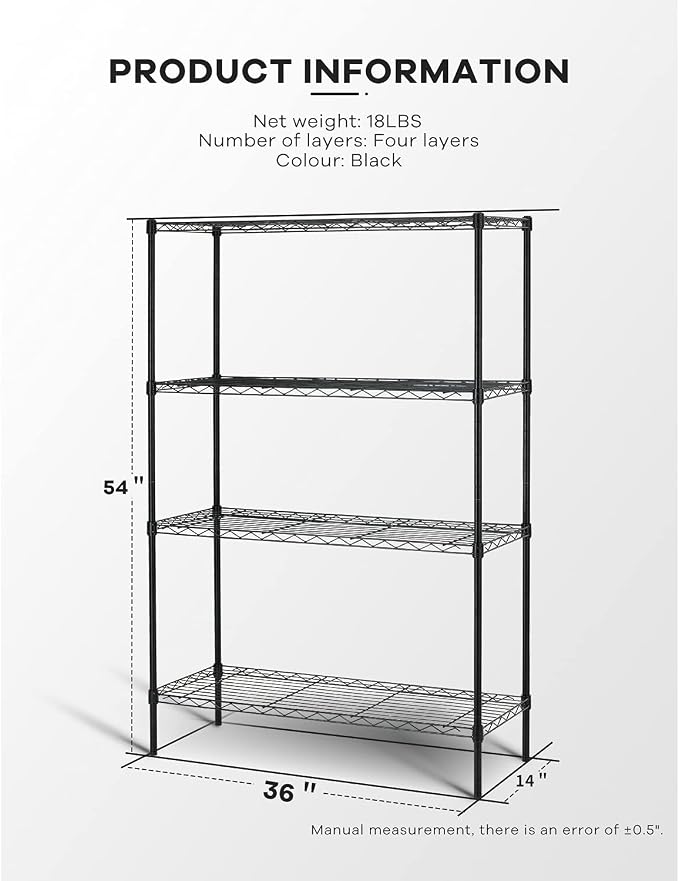 HCY 4-Tier Wire Shelving Unit Storage Shelves Shelf Organizer 54"x36"x14" Heavy Duty Metal Storage Rack NSF Height Adjustable for Laundry Bathroom Kitchen Garage Pantry Organization(Black)