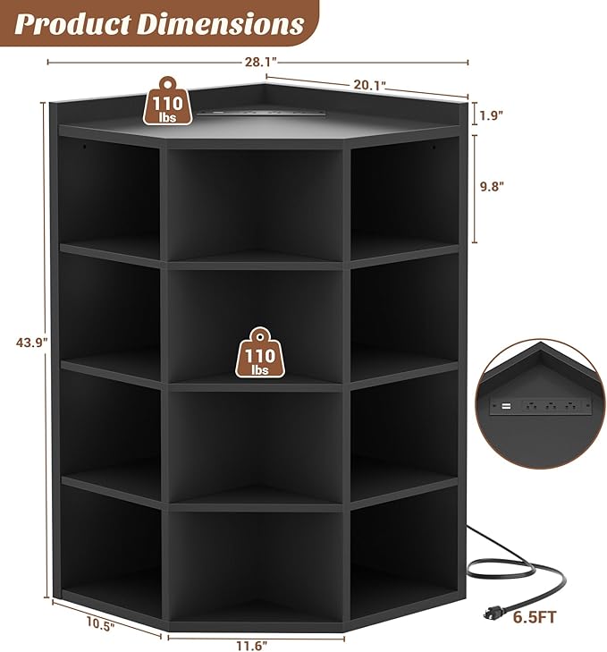 Aheaplus Corner Cabinet, 5-Tier Corner Bookshelf with Power Outlets, Corner Cube Storage Shelf with Top Table, Wooden L Cubby Toy Storage with 12 Cubes for Home Office, Bedroom, Living Room, Black