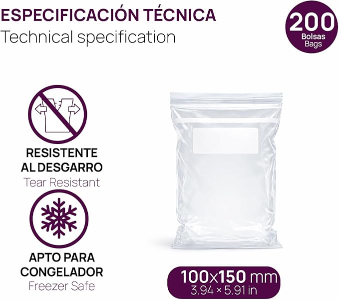 Ofituria Transparent Zip Bags 100 x 150 mm with Airtight Seal, Zip Bags for Food, Snacks, Freezing as well as Kitchen and Travel Organisation - Ofituria (200 Bags)