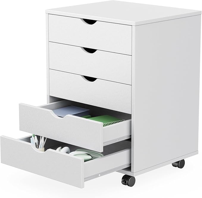 Sweetcrispy 5 Drawer Chest Mobile Storage Cabinets Small Wooden Dresser with Wheels Room Organization Furniture for Office Home, Rolling Vertical Organizer for Home Office, White Wood
