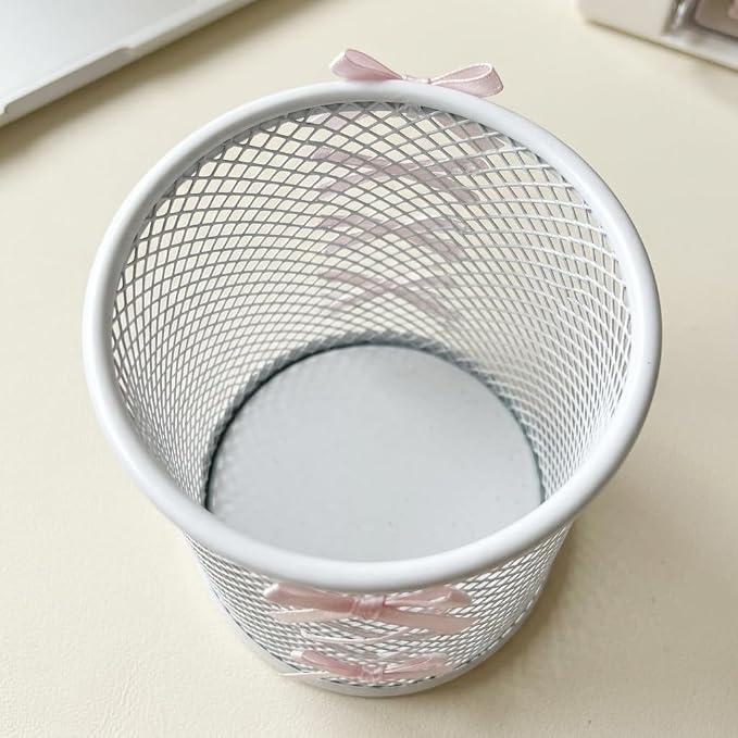 Pen Holder for Desk - Cute Ribbon Bow Wire Mesh Pencil Cup, Lace-up Desktop Organizer for Girls & Teens, Decorative Stationery Storage for Home Office (White)