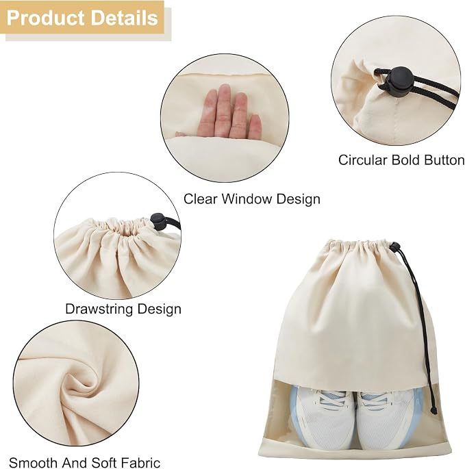 4 Pcs Shoe Bags for Travel with Clear TPU Window, 13.8"x17.7" Dustproof Travel Shoe Bags, Drawstring Travel Shoe Storage Bags for Men & Women (Beige)