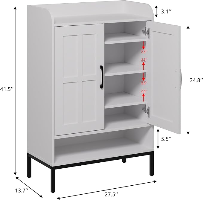 Shoe Cabinet, 6 Tier Shoe Cabinet for Entryway, Shoe Storage Cabinet with Adjustable Shelves and Metal Legs, 41.5" Tall Shoe Rack Organizer Cabinet for Entryway, Front Door, Hallway (White)