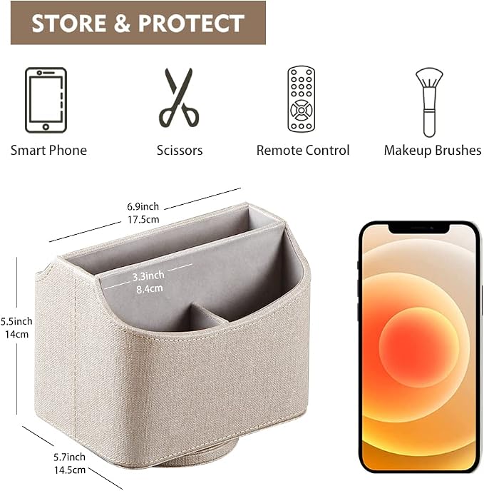 360° Rotating Remote Control Holder, PU Leather TV Remote Caddy Organizer Basket Storage Box with 5 Compartments for Pen, Pencil, Art Supplies, Makeup Brush, Office Desk Table Accessories | Nightstand Organizer Storage Box with 5 Compartments for Penci...