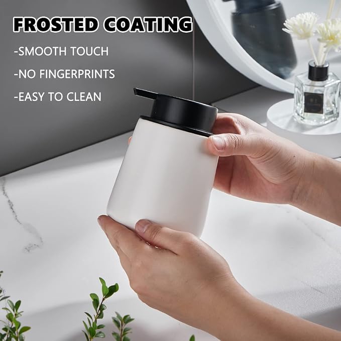 12Oz Foaming Hand Soap Dispenser - White Foam Soap Dispenser Bathroom with Easy-to-Press Pump, Modern Refillable Liquid Lotion Hand Soap Dispenser, Ceramic Dish Soap Dispenser for Kitchen