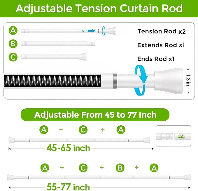 2 Pack Spring Tension Rod 40-73 Inches No Drilling Adjustable White Spring Loaded Curtain Rod Expandable Extra Long Tension Curtain Rod for Windows,Kitchen,Doorway