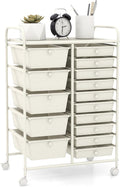 GOFLAME 15-Drawer Rolling Storage Cart, Craft Storage Cart with Removable Drawers & Lockable Wheels, Art Cart Supply Storage Organizer for Home Office Classroom, White
