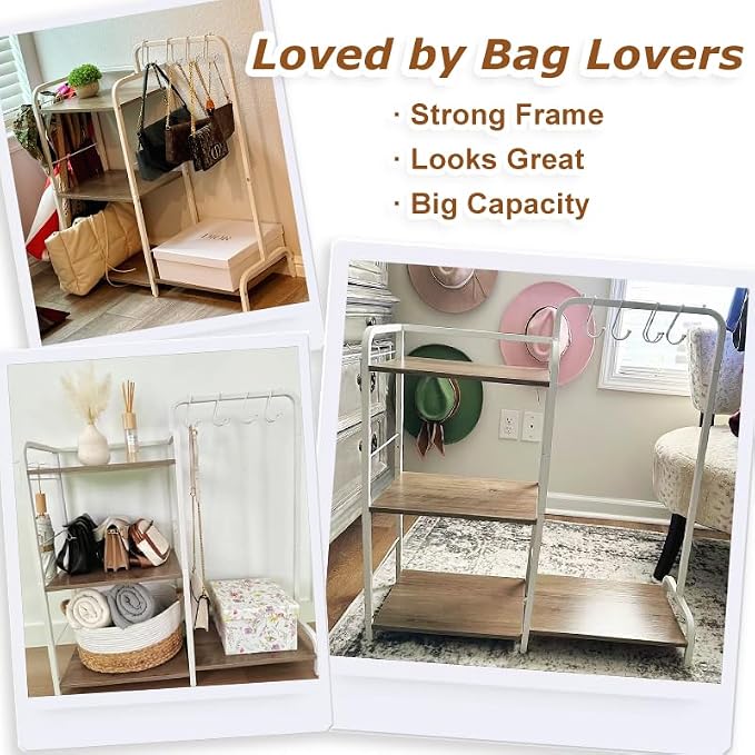 Purse Organizer for Closet, Large Capacity Purse Rack with 2 Purse Hangers and 5 Purse Hooks for Bag Organizer, Freestanding 3-Tier Handbag Organizer for Purse Storage, Ironwood Purse Holder, White