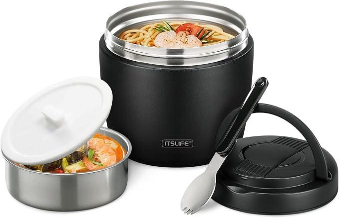 Itslife 32oz Insulated Soup Thermo, Vacuum Stainless Steel Food Jar for Hot & Cold Food, Leakproof Wide Mouth Lunch Container with Spoon, Black