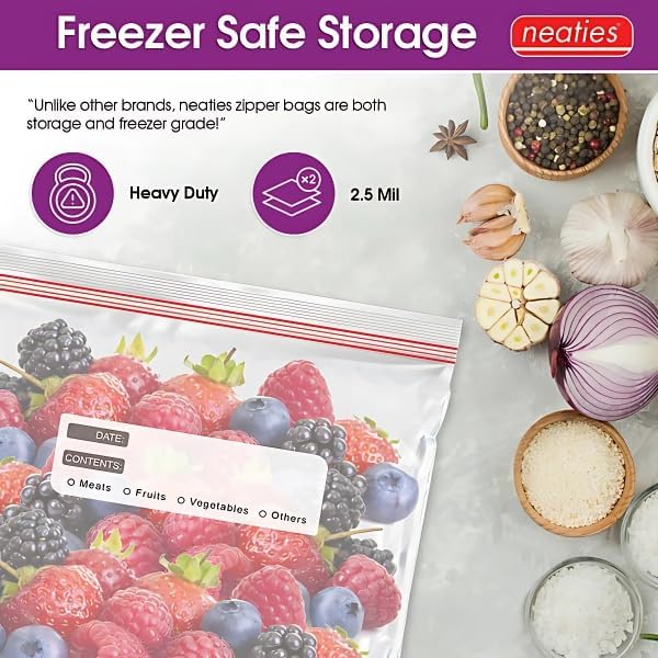 Neaties 2 Gallon Resealable Bags – XL Heavy Duty Freezer Bags with Dual Zipper – 13x16" Extra Large with Writable Space for Kitchen or Home Storage – BPA-Free Food Grade Plastic – 100 Pack