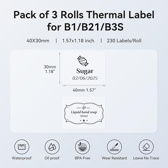 NIIMBOT 3 Roll Set Labels, 1.6" X 1.2" (40x30mm) Waterproof Thermal Label | Clear Label for B1/B21/B31 Label Maker, for Kitchen Jar/Address/Barcode/Travel Bottle