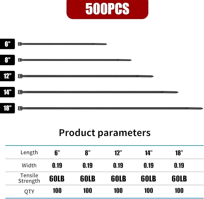 Zip Ties Assorted Size,6+8+12+14+18 Inch,60 LBS 500PCS Tensile Strength Heavy Duty Cable Wire Ties With Self-Locking Adjustable More Durable Nylon Tie Wraps for Indoor Outdoor