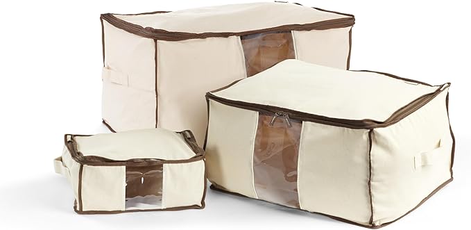 Covermates Canvas Storage Bag for Blankets, Clothes & Décor, 100% Cotton Breathable Fabric, Clear ID Window, Dual Zipper Closure, Carry Handles, Closet Organization, Natural