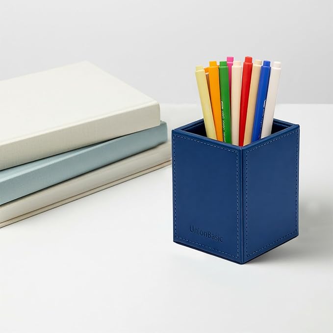 UnionBasic Square Pen Holder, Leather Pencil Cup, Desktop Caddy Stationery Organizer, True Blue
