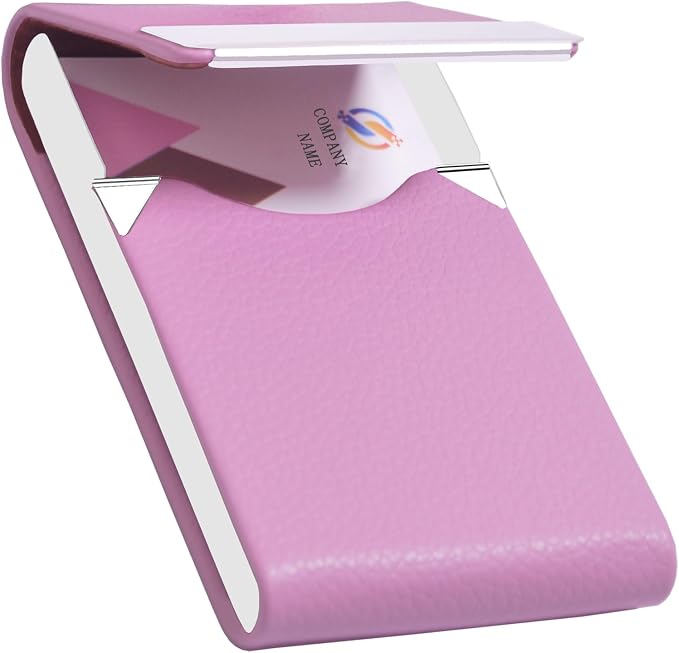 Business Card Holder with Ultra Slim Design,Business Card Case with Premium PU Leather, Suit Pocket Metal Card Holder for Women/Men,Professional Name Card Holder with Magnetic Shut (Pink)
