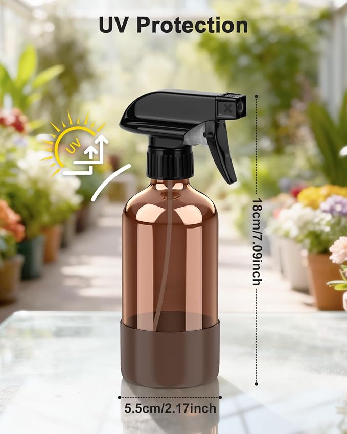 Bontip Amber Glass Spray Bottle with Silicone Sleeve Protection, 8 oz Refillable Spray Bottles for Cleaning Solutions, Plants, Aromatherapy, Facial Hydration (1, Brown, 8 oz)
