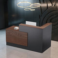 Ceridwen L-Shaped Large Wooden Reception Desk, Modern Front Desk Reception Counter with Lockable Drawers, Storage & Keyboard Tray for Office Lobby Checkout (Left-Brown + Black, 71''L x 34''W x 41''H)