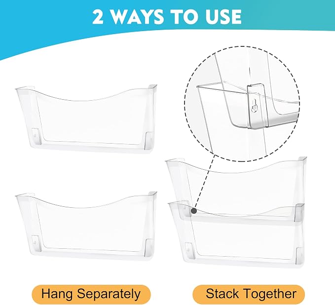 EASEPRES 3 Pack Clear Single Pocket Hanging File Organizer, Plastic Wall Mount Paper Mails Magazines Holder, Mounted Folder Bins for Office School and Home, 13.85x3.14x6.88 inches