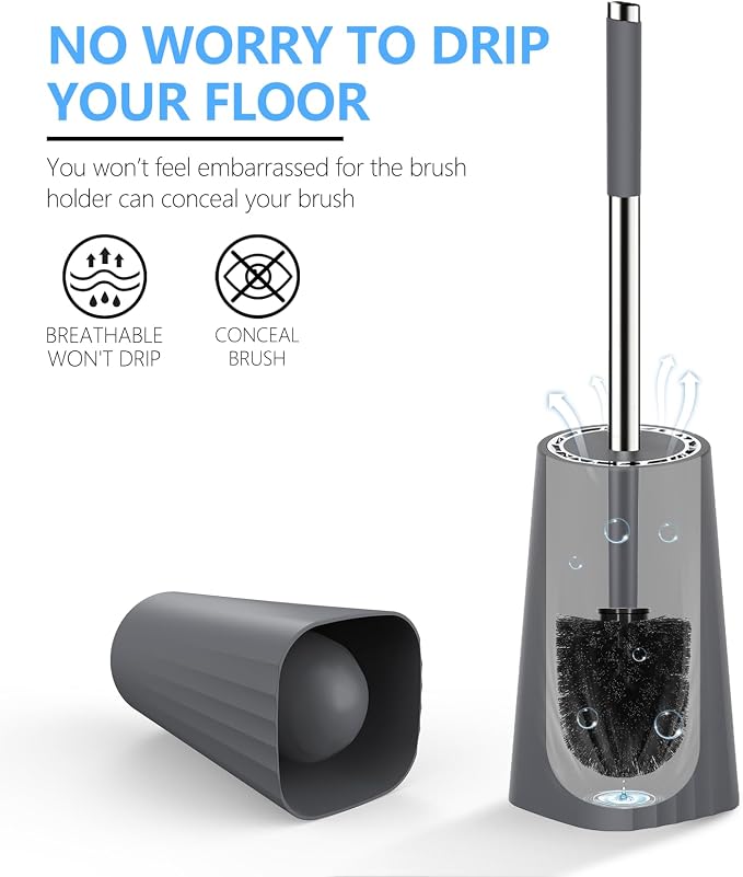 SetSail Toilet Brush, Compact Size Toilet Bowl Brush and Holder Toilet Brushes for Bathroom with Stainless Steel Handle Toilet Cleaner Brush with Durable Scrubbing Bristles, 3 Packs，Grey