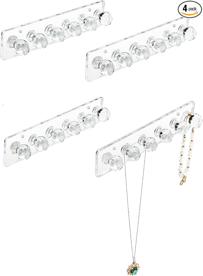Heesch Necklace Hanger, Wall Necklace Holder, Acrylic Jewelry Organizer | Wall Mount Jewelry Hooks for Necklaces, Bracelets & Chains, Hanging Organizer and Storage, 4-Pack Clear Short