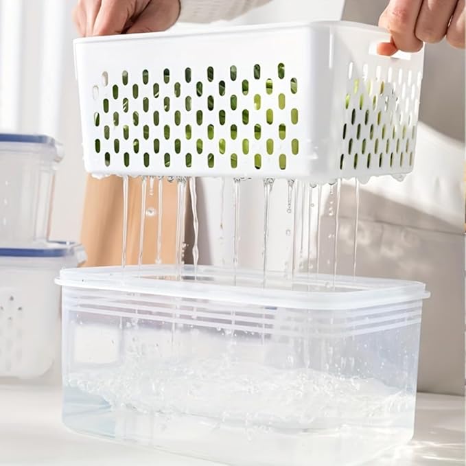 2-Pack Refrigerator Storage Containers with Removable Colander Baskets, Fridge Organizer Box for Fruits Vegetables, Keep Fresh & Tidy, Space Saving Kitchen Food Storage Container Set