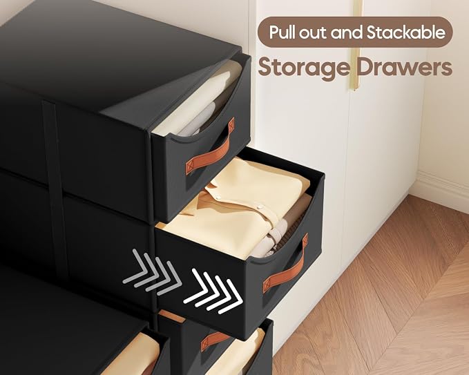 Homsorout Stackable Storage Drawers - Collapsible Storage Bins with Drawers, 4 Pack Closet Shelf Organizer Basket, Fabric Pull Out Organizer for Bedroom, Living Room, Dorm, Black