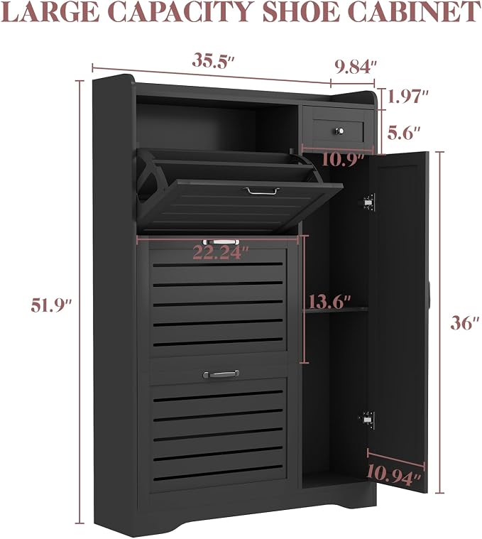 Slim Shoe Storage Cabinet for Entryway, Hidden Shoe Rack Cabinet with Doors, Drawers & Adjustable Shelf, Narrow Freestanding Ventilated Design, Thin Wooden Boot Storage Organizer, Black
