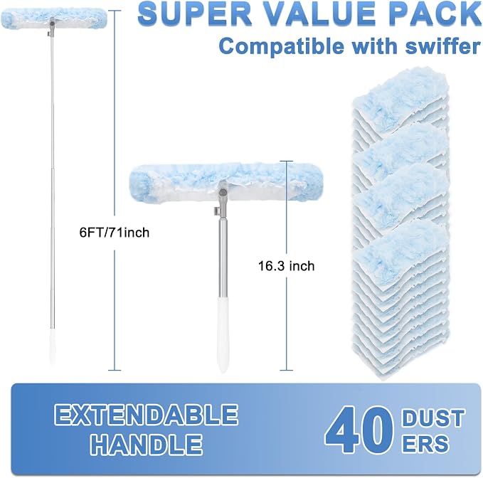 Duster Refill Kit with 6ft Super Extendable Handle for Swiffer, 40Pcs | 6ft Super Extendable Handle,Compatible with Swiffer, 360° Disposable Microfiber Dusting Pads