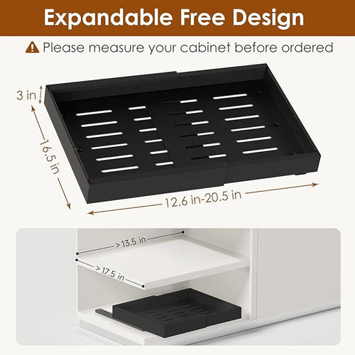 1 Pack Expandable Pull Out Cabinet Organizer 16.5" Deep, Adjustable Width 12.6"-20.5", No Drill Adhesive with Triple Track Rails, Heavy Duty Slide Out Drawers for Kitchen,Pantry,Cabinets,Black