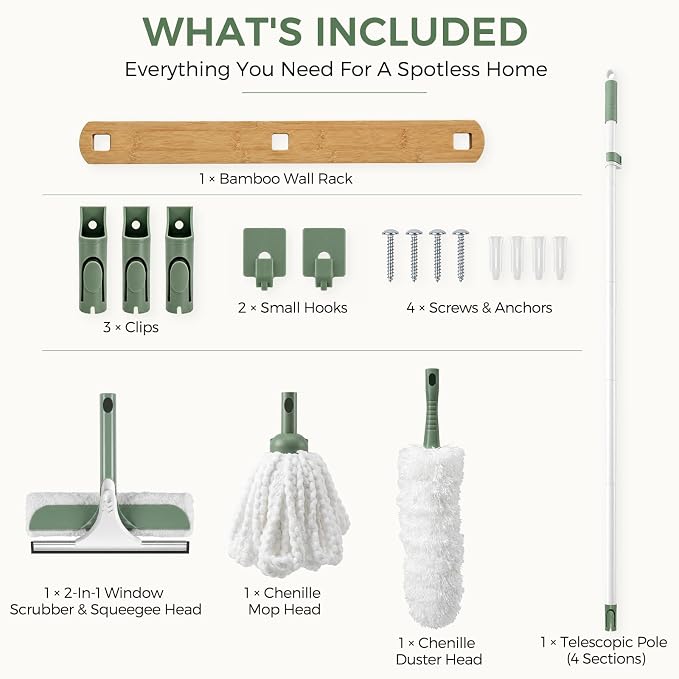 DEANIC High Reach Cleaning Kit with Extendable Handle, 4-in-1 Microfiber Duster, Window Squeegee and Strip Mop Set for Ceiling Fans, Blinds, Windows and Home Cleaning
