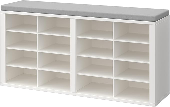 Shoe Storage Bench with Cushion Shoe Rack for Entryway 16 Cubby Multifunctional Organizer Bench Entryway with Soft Sponge Cushion for Hallway Living Room Bedroom (White & Light Gray)