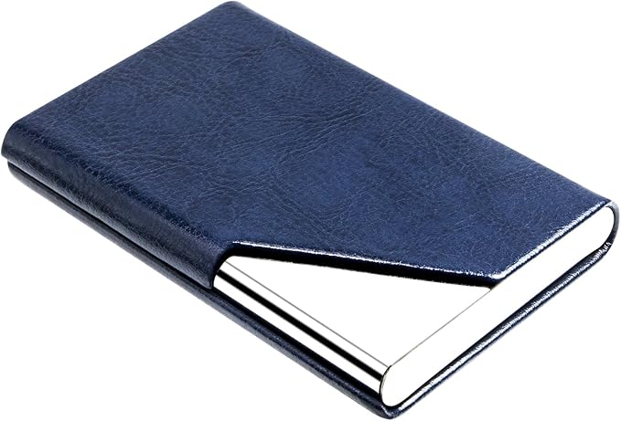 Padike Business Card Holder, Leather Business Card Case Pocket Card Holders for Men or Women, Metal Slim Name Card Holder RFID Blocking Business Card Carrier with Magnetic Closure(Z-Navy Blue)