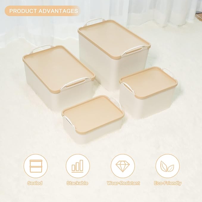 ANMINY 5PCS Plastic Storage Bins Containers with Lids, Large Storage Organization Bins Boxes, Lidded Plastic Storage Baskets for Closet Shelves Desktop, Wheat Lids, 2M + 3S