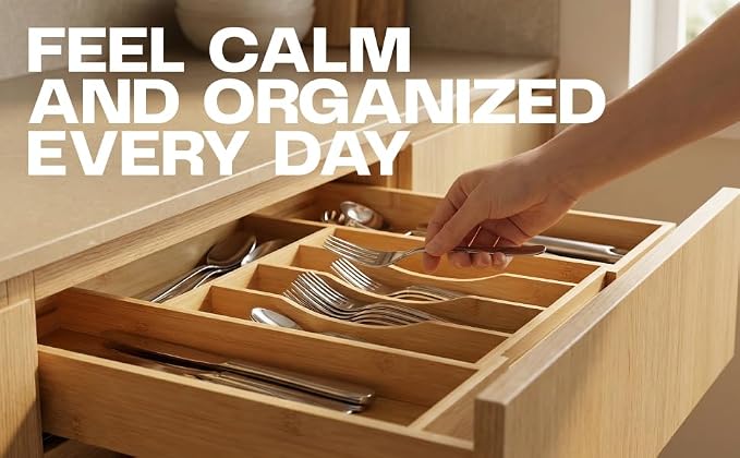 Expandable Bamboo Silverware Drawer Organizer, Kitchen Utensil Tray