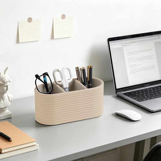 PU Leather Remote Control Holder, Modern Oval Pen Holder for Desk, 3-Compartment Desk Caddy for Remotes, Glasses, Pens, Small Desk Organizer for Nightstand, Coffee Table, Office (Beige)