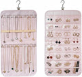 Hanging Jewelry Organizer, Dual-Sided Necklace Holder with Multiple Clear Pockets - Wall Mount & Over The Door Closet Storage for Earrings, Rings, Bracelets - 360° Rotating Hanger (1, pink, M)