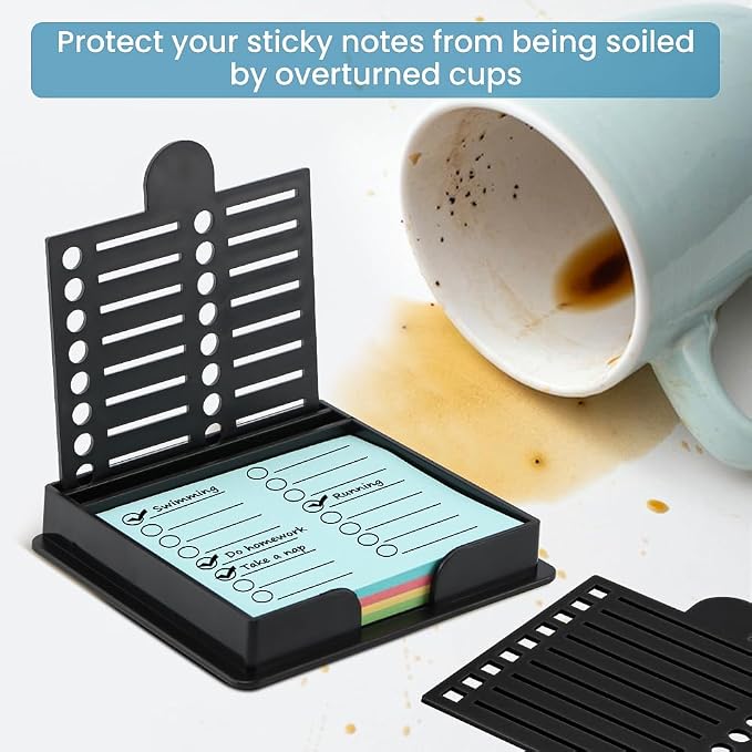 Sticky Note Holder with 5 Different Stencil & 100 Sheet Post It Notes, 3x3 inch Sticky Pads Dispenser with Line Box Drawing Template for Office and Home(COLOR:black)