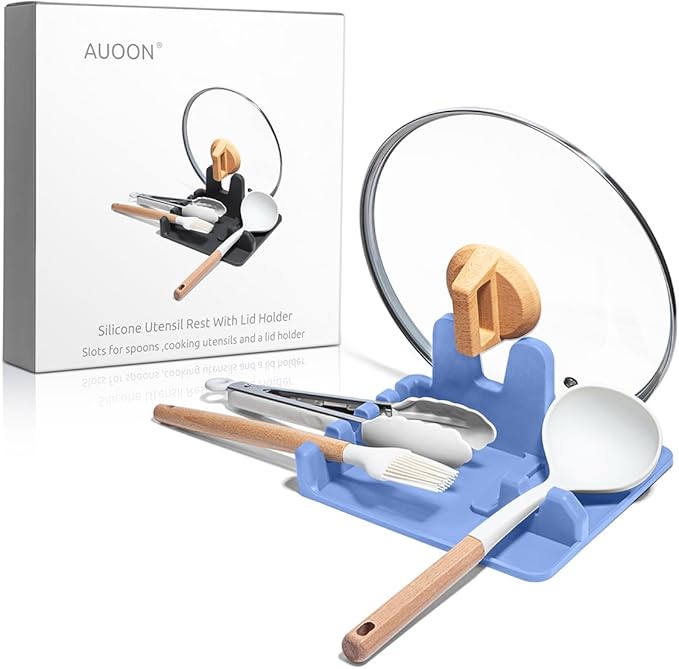 Auoon Silicone Spoon Rest with Lid Holder, 3-in-1 Kitchen Utensil Rest for Soup Ladles, Pot Lids, Spatulas, Spoons, Tongs, BPA Free & Dishwasher Safe, 8.26 x 8.06 Inch (Blue Velvet, Large)