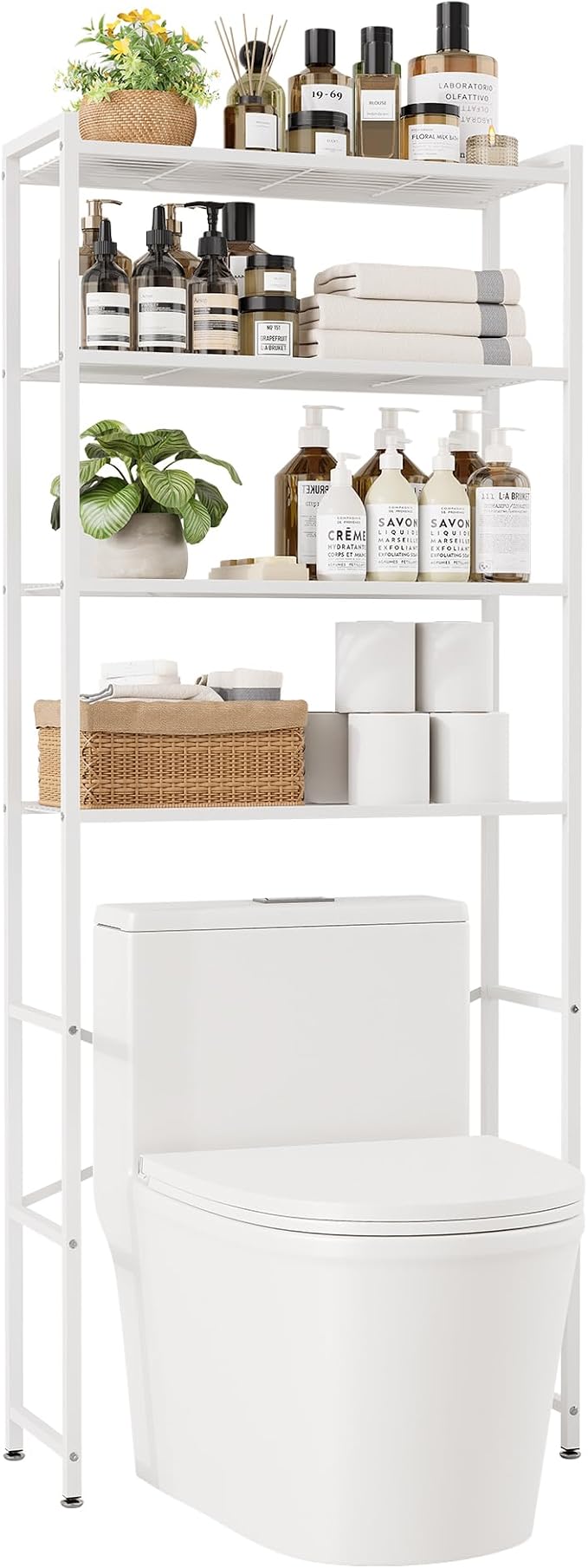 4-Tier Over The Toilet Storage Rack, Bathroom Organizer with One-Piece Metal Mesh Shelves, Over Toilet Shelf with Adjustable Feet & Anti-Tip Kit, Space-Saving Bathroom Storage, White